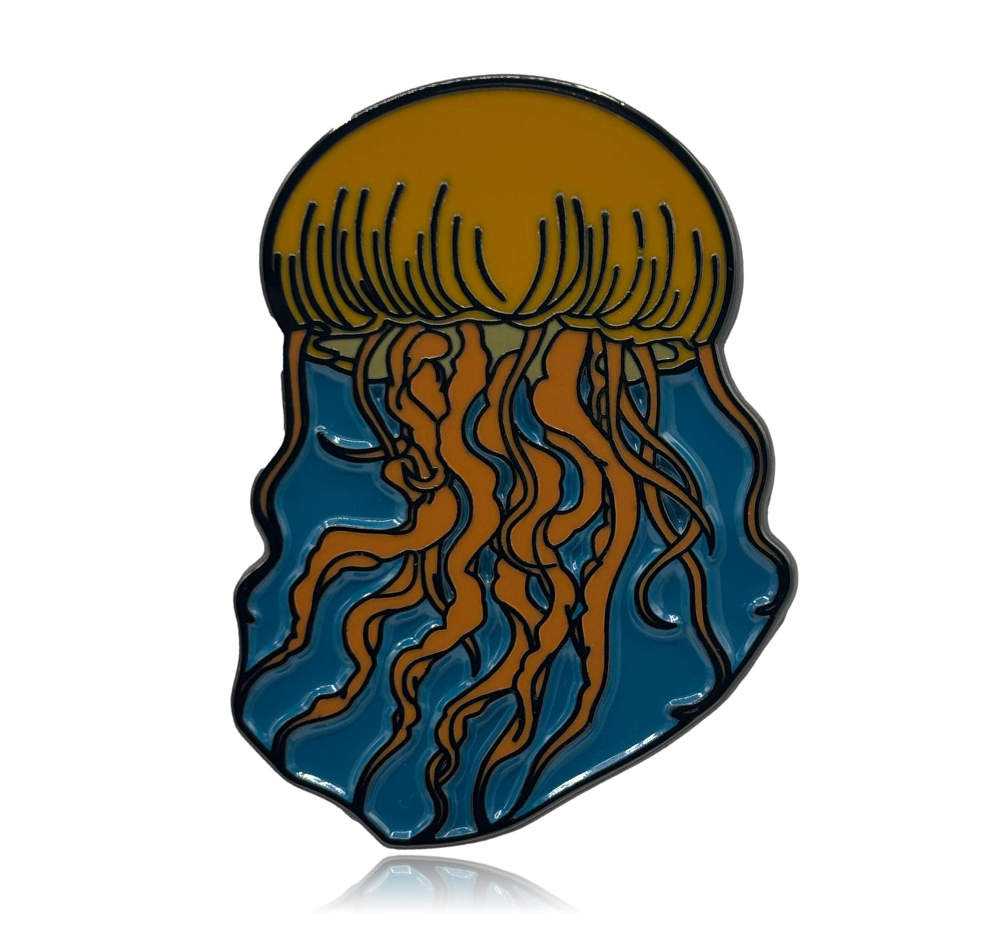 yellow jellyfish-shaped pin on a white background