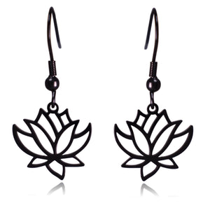 Black Lotus Flower Stainless Steel Dangle Earrings