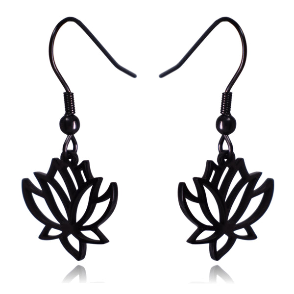 Black Lotus Flower Stainless Steel Dangle Earrings
