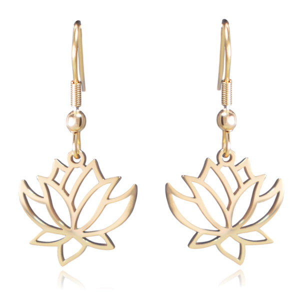 Gold Lotus Flower Stainless Steel Dangle Earrings