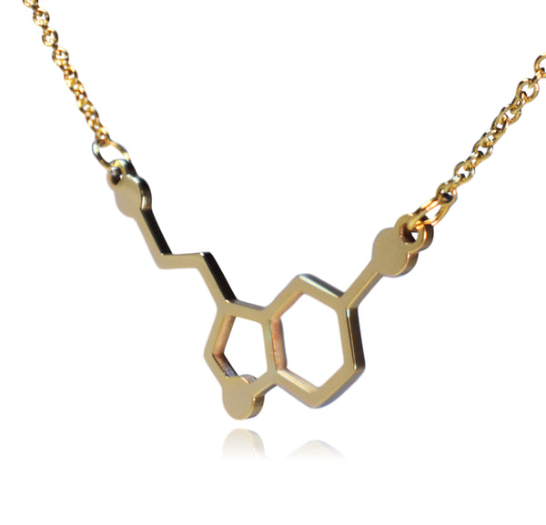 Gold Serotonin Molecule Stainless Steel Necklace
