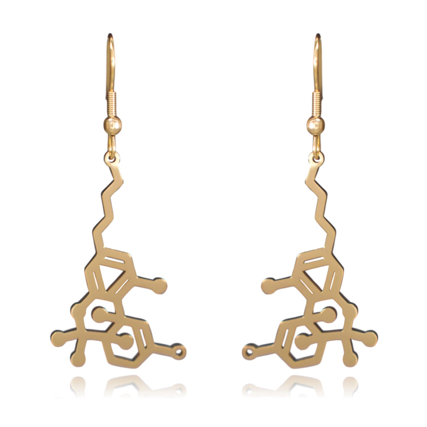 Gold THC Tetrahydrocannabinol Marijuana Molecule Stainless Steel Dangle Earrings