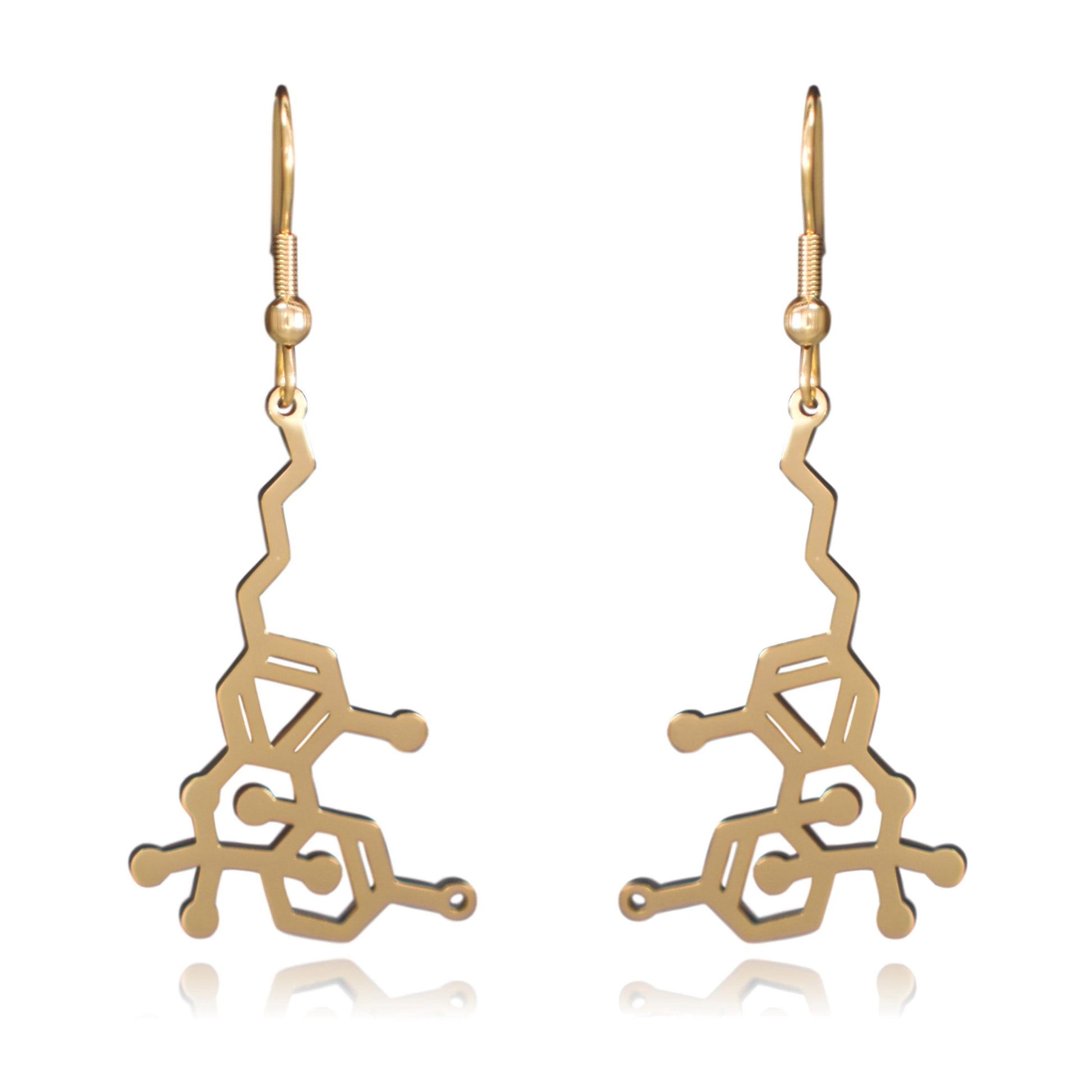 Gold THC Tetrahydrocannabinol Marijuana Molecule Stainless Steel Dangle Earrings