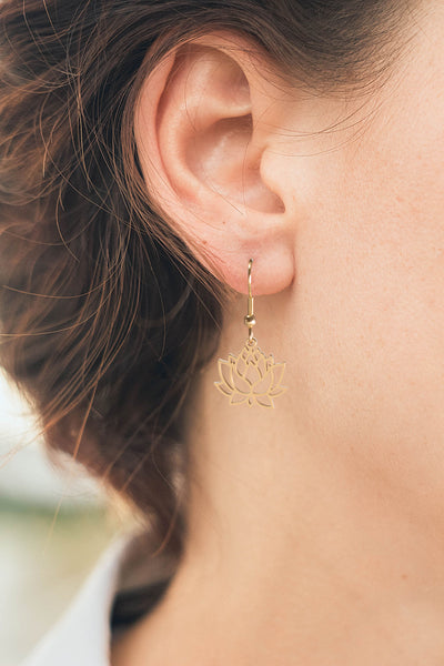 Gold Lotus Flower Stainless Steel Dangle Earrings