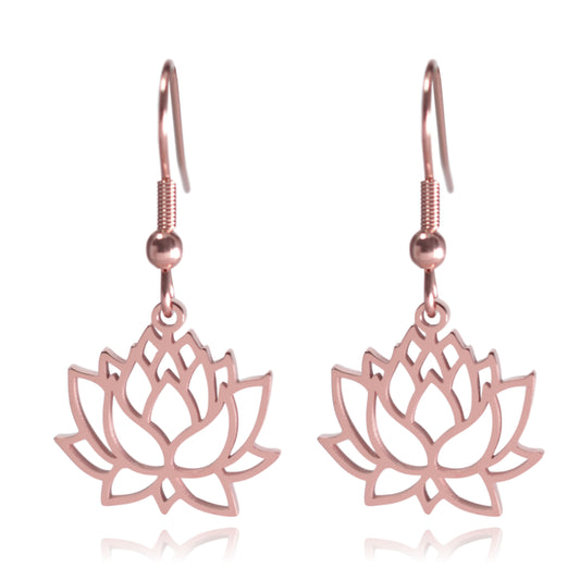 Rose Gold Lotus Flower Stainless Steel Dangle Earrings
