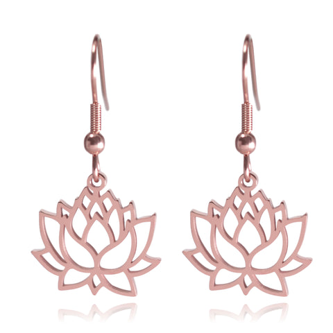 Rose Gold Lotus Flower Stainless Steel Dangle Earrings