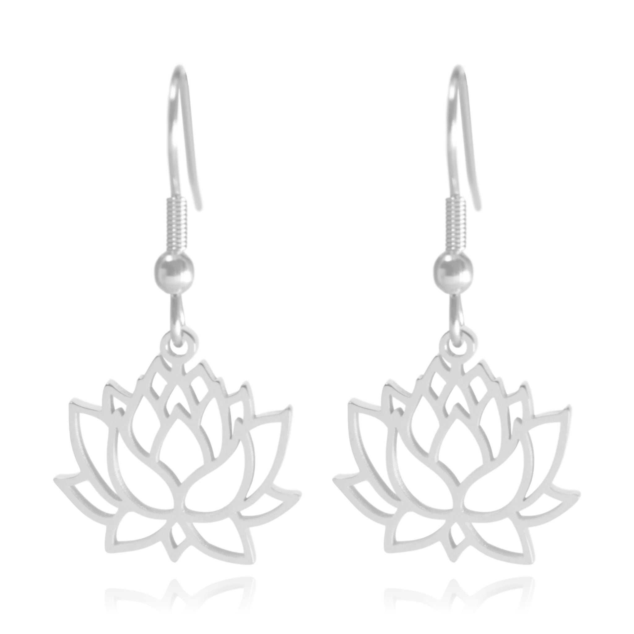 Silver Lotus Flower Stainless Steel Dangle Earrings