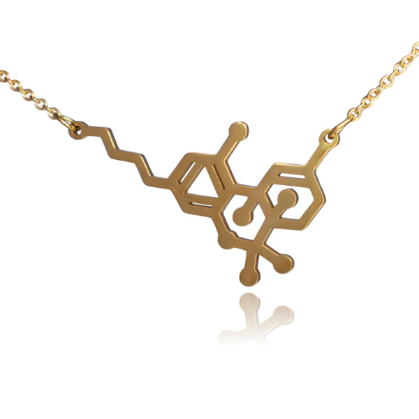 Gold THC Tetrahydrocannabinol Marijuana Molecule Stainless Steel Necklace