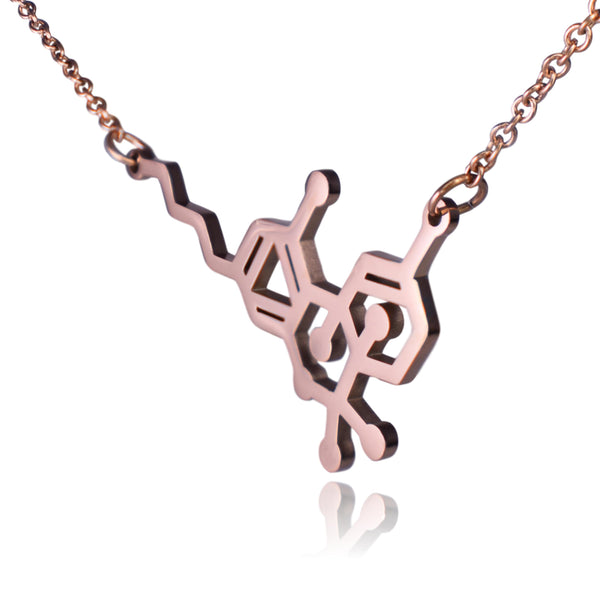 Rose Gold THC Tetrahydrocannabinol Marijuana Molecule Stainless Steel Necklace