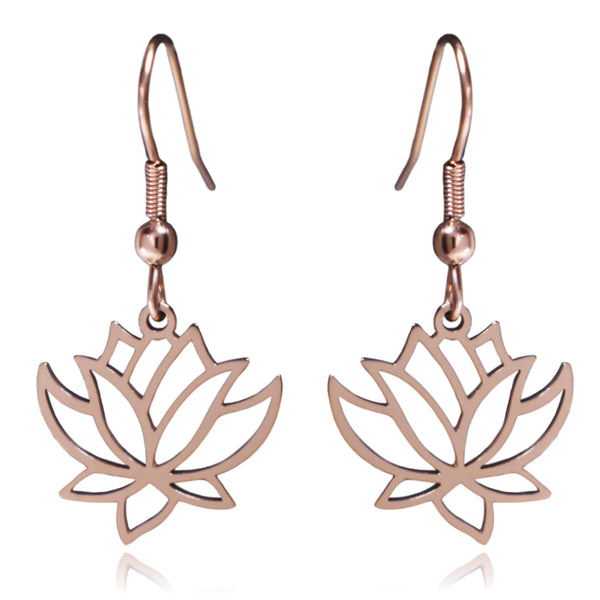 Rose Gold Lotus Flower Stainless Steel Dangle Earrings