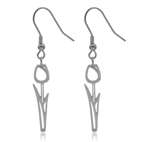 Tulip with Stem Stainless Steel Dangle Earrings